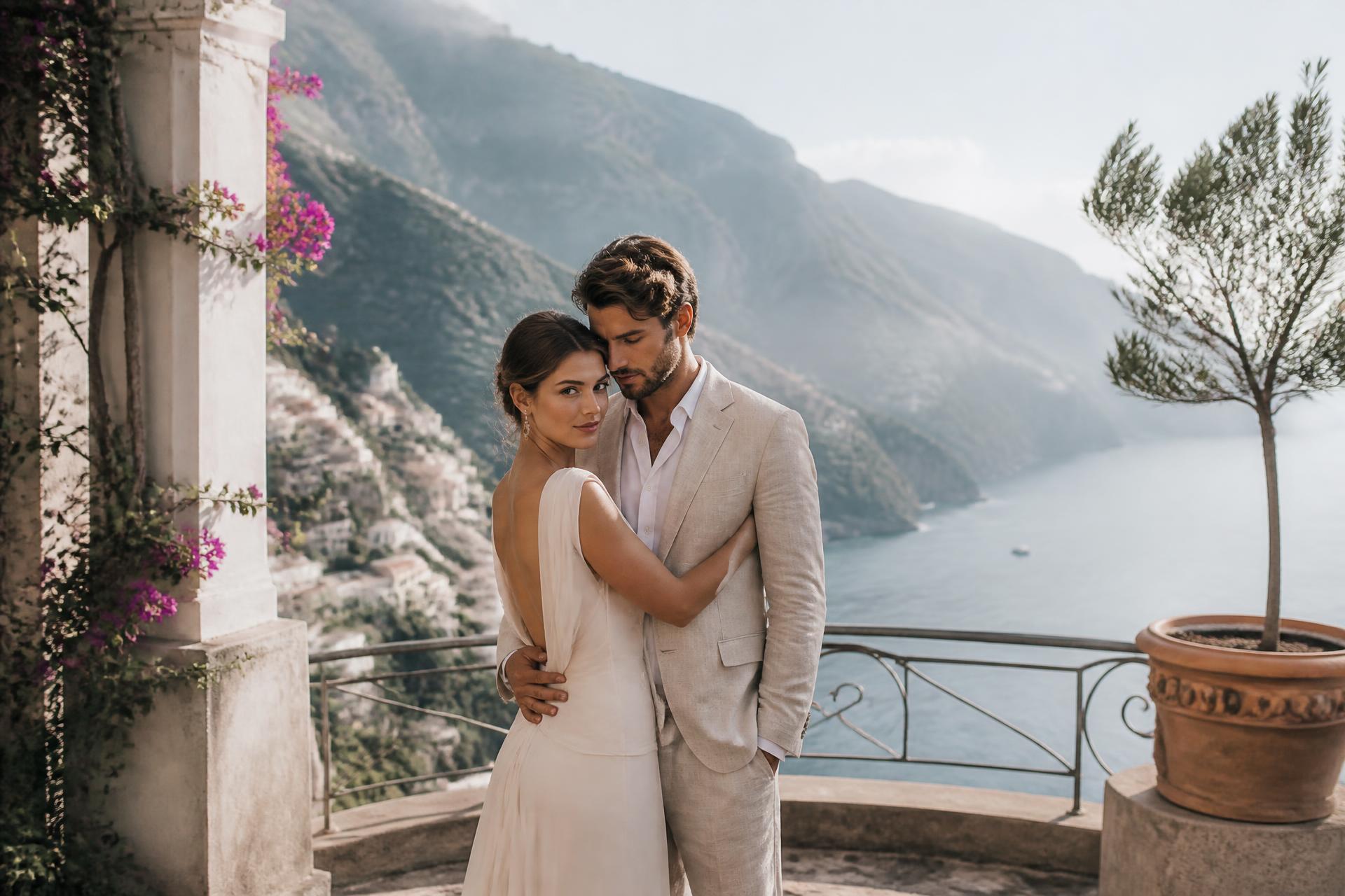 A couple embracing on a clifftop terrace above a cinematic coastline